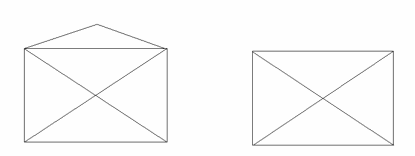 Til venstre: et rektangel med en likebeint trekant (på toppen) og diagonaler Til høyre: Et rektangel med diagonaler